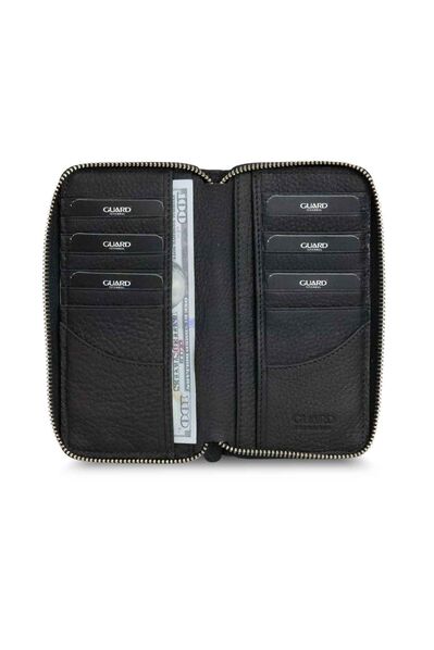 Guard Black Matte Leather Zippered Wallet - Thumbnail