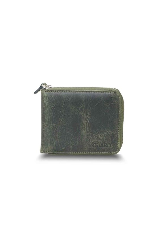 Guard Antique Green Zipper Horizontal Mini Leather Wallet