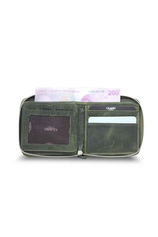 Guard Antique Green Zipper Horizontal Mini Leather Wallet