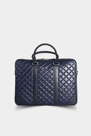 Guard Capitone Stitched Leather Briefcase with Laptop Entry (Navy Blue) - Thumbnail