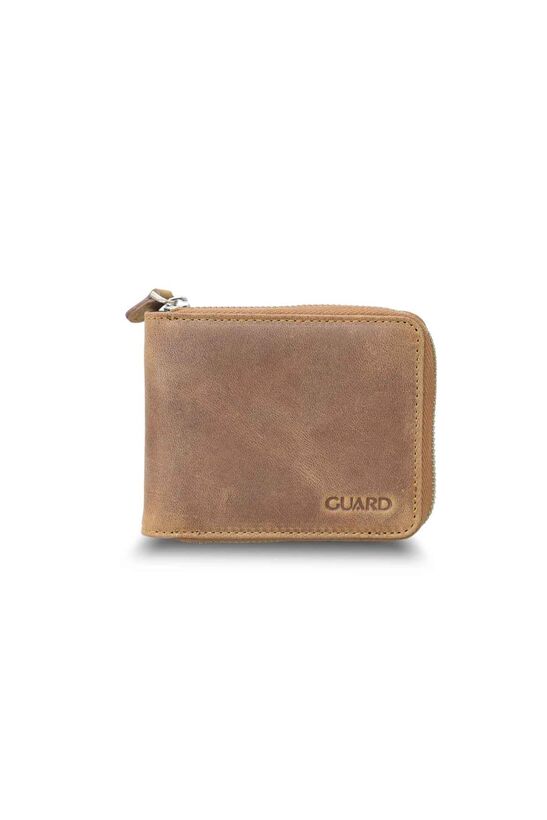 Guard Antique Tan Zipper Horizontal Mini Leather Wallet