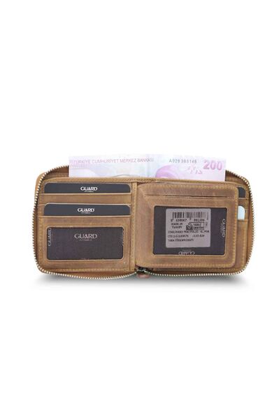 Guard Antique Tan Zipper Horizontal Mini Leather Wallet - Thumbnail