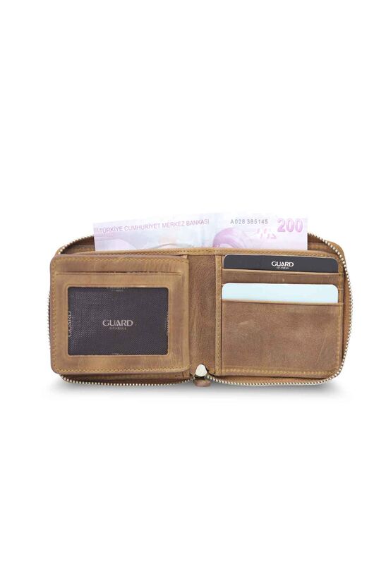 Guard Antique Tan Zipper Horizontal Mini Leather Wallet