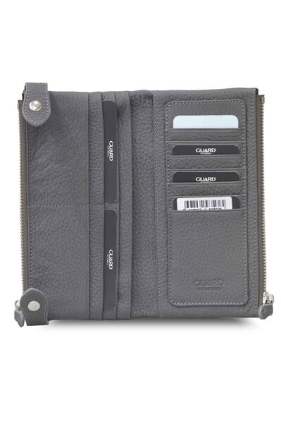Guard Anthracite Double Zippered Leather Women's Wallet with Phone Compartment - Thumbnail