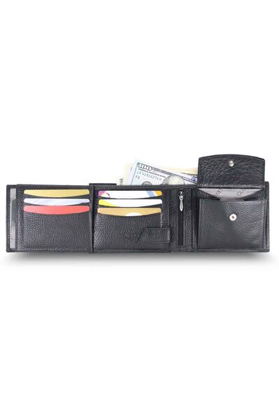 Guard Black Leather Men's Wallet with Coin Compartment - Thumbnail
