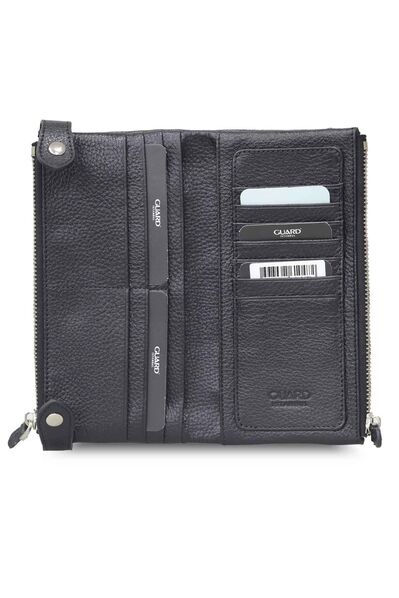 Guard Black Double Zippered Leather Women's Wallet with Phone Compartment - Thumbnail