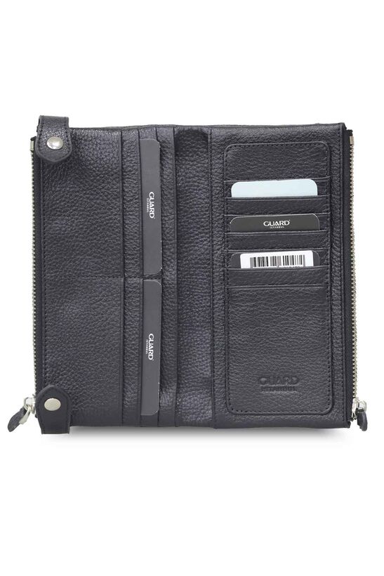 Guard Black Double Zippered Leather Women's Wallet with Phone Compartment