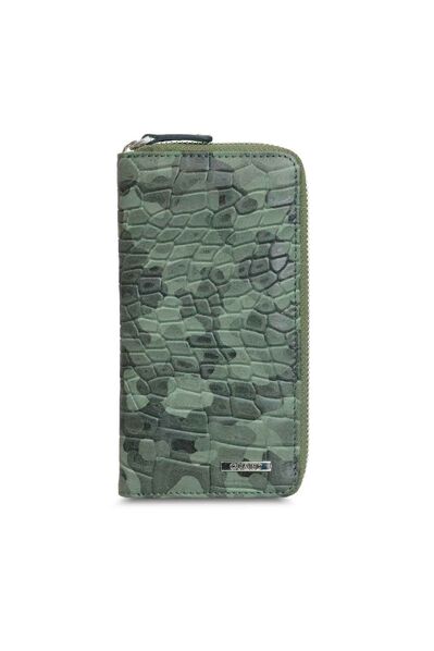 Guard Black/Green Camouflage Printed Leather Zipper Wallet - Thumbnail