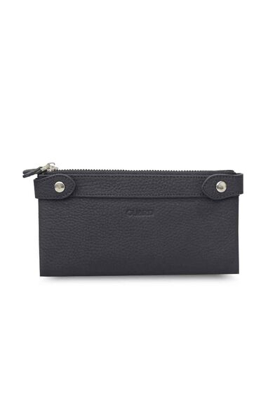 Guard Black Matte Double Zippered Leather Women's Wallet with Phone Compartment - Thumbnail