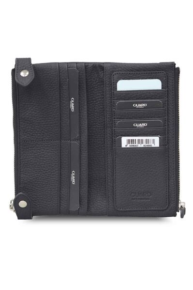 Guard Black Matte Double Zippered Leather Women's Wallet with Phone Compartment - Thumbnail