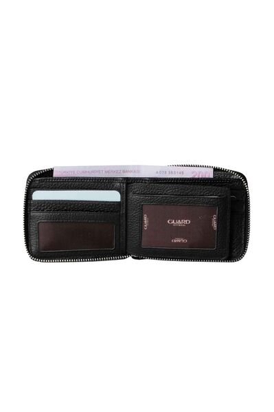 Guard Black Zipper Horizontal Mini Genuine Leather Wallet - Thumbnail