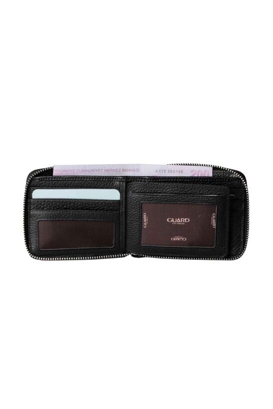 Guard Black Zipper Horizontal Mini Genuine Leather Wallet