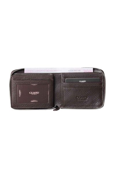 Guard Brown Zipper Horizontal Mini Genuine Leather Wallet - Thumbnail