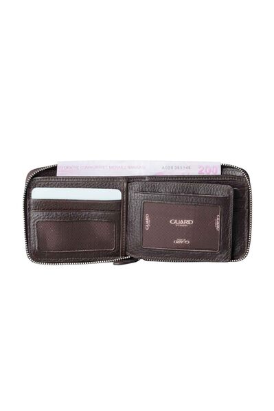 Guard Brown Zipper Horizontal Mini Genuine Leather Wallet - Thumbnail