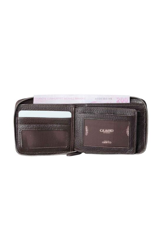 Guard Brown Zipper Horizontal Mini Genuine Leather Wallet