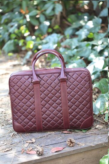 Guard Capitone Stitched Claret Red Laptop Entry Leather Briefcase - Thumbnail