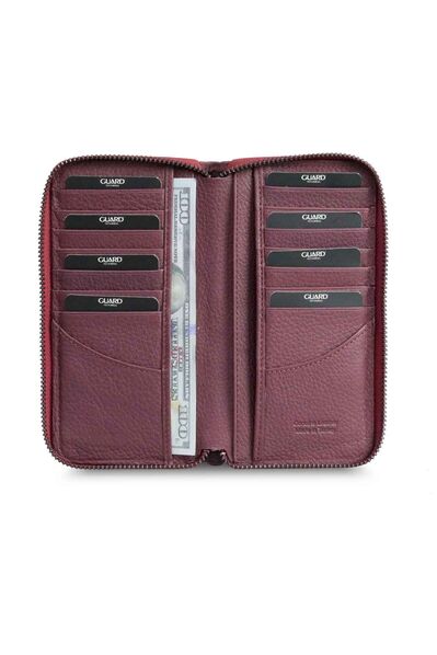 Guard Burgundy Zippered Portfolio Genuine Leather Wallet - Thumbnail