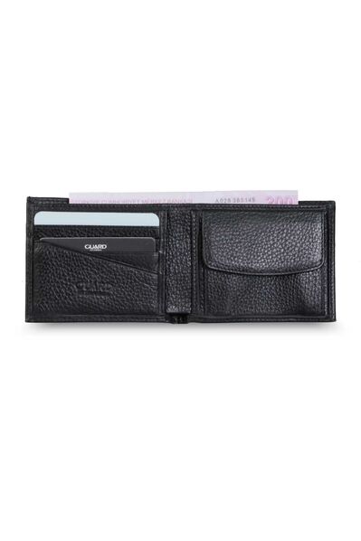 Guard Coin Compartment Black Genuine Leather Horizontal Men's Wallet - Thumbnail