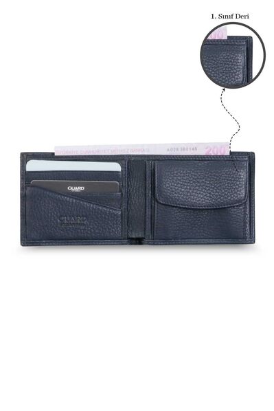 Guard Coin Compartment Purse Navy Blue Genuine Leather Horizontal Men's Wallet - Thumbnail