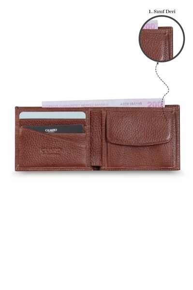 Guard Coin Compartment Tan Genuine Leather Horizontal Men's Wallet - Thumbnail
