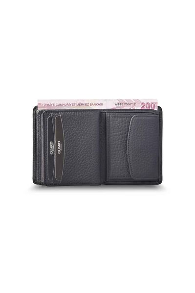 Guard Matte Black Leather Men's Wallet with Coin Entry - Thumbnail