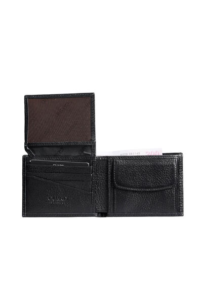 Guard Coin Pitted Black Genuine Leather Horizontal Men's Wallet - Thumbnail