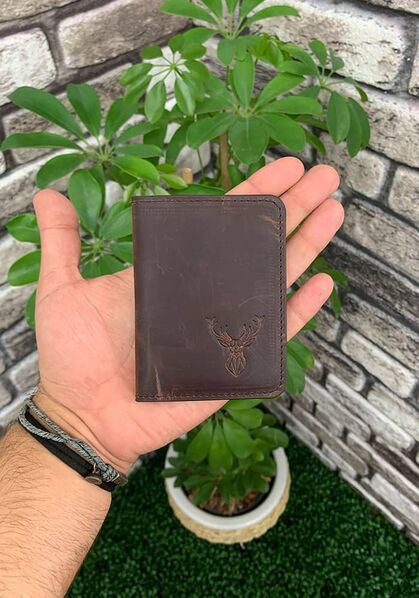 Guard Deer Printed Antique Tan Leather Card Holder - Thumbnail