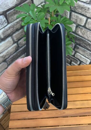 Guard Double Zipper Black Leather Clutch Bag - Thumbnail