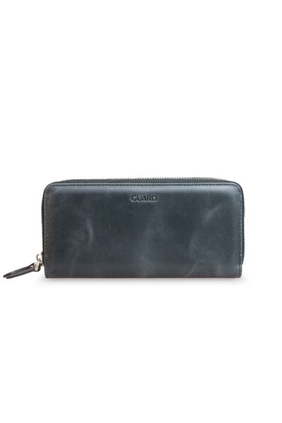 Guard Double Zippered Crazy Black Leather Clutch Bag - Thumbnail