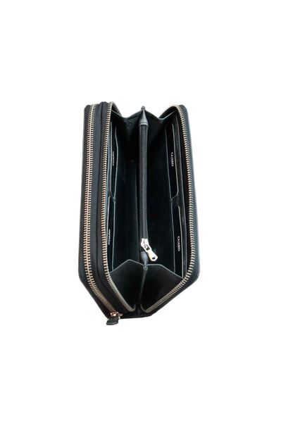 Guard Double Zippered Crazy Black Leather Clutch Bag - Thumbnail