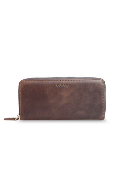 Guard Double Zippered Crazy Brown Leather Clutch Bag - Thumbnail