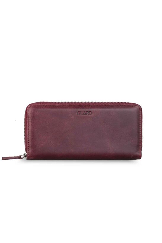 Guard Double Zippered Crazy Claret Red Leather Clutch Bag