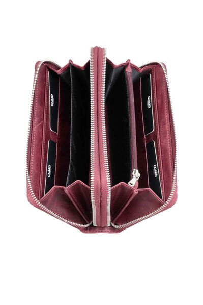 Guard Double Zippered Crazy Claret Red Leather Clutch Bag - Thumbnail