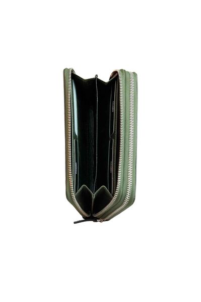 Guard Double Zippered Crazy Green Leather Clutch Bag - Thumbnail