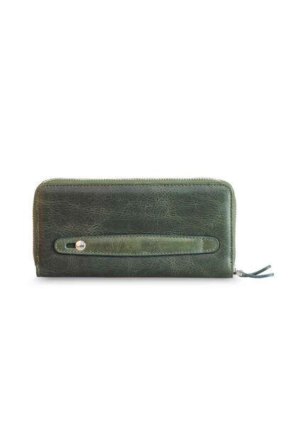 Guard Double Zippered Crazy Green Leather Clutch Bag - Thumbnail