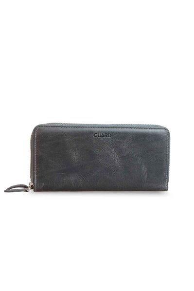 Guard Double Zippered Crazy Grey Leather Clutch Bag - Thumbnail