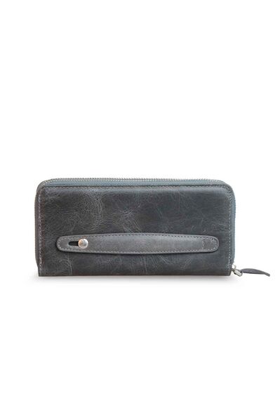 Guard Double Zippered Crazy Grey Leather Clutch Bag - Thumbnail