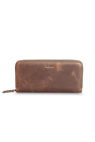 Guard Double Zippered Crazy Tan Leather Clutch Bag - Thumbnail