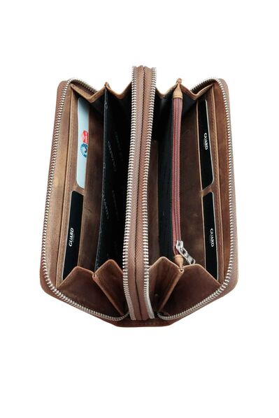 Guard Double Zippered Crazy Tan Leather Clutch Bag - Thumbnail