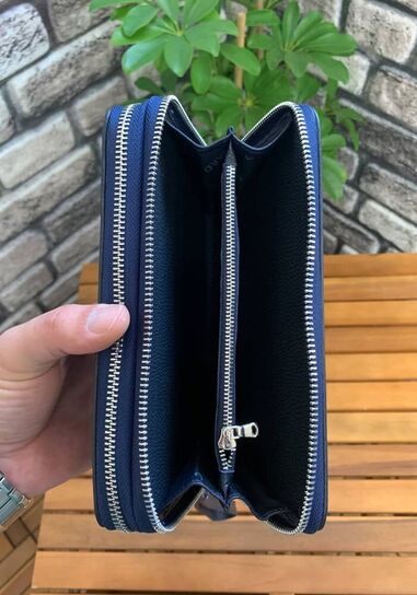 Guard Double Zipper Navy Blue Leather Clutch Bag - Thumbnail
