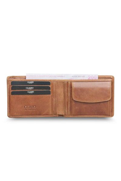 Guard Antique Tan Genuine Leather Men's Wallet with Hidden Card Compartment - Thumbnail