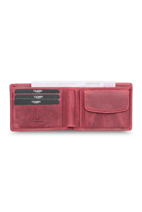Guard Hidden Card Compartment Antique Claret Red Genuine Leather Men's Wallet