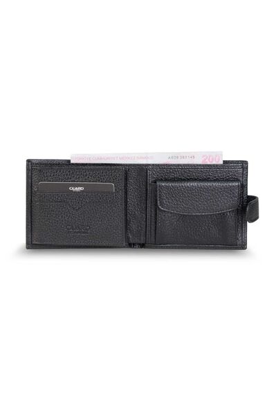 Horizontal Black Genuine Leather Men's Wallet with Guard Flip - Thumbnail