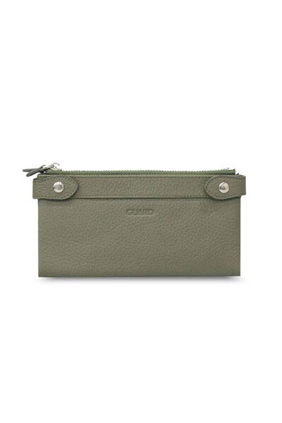 Guard Khaki Green Double Zippered Leather Women's Wallet with Phone Compartment - Thumbnail