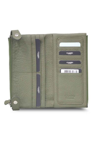 Guard Khaki Green Double Zippered Leather Women's Wallet with Phone Compartment - Thumbnail