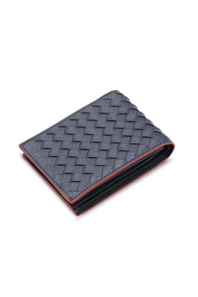 Guard Knit Patterned Navy Blue Red Leather Men's Wallet - Thumbnail