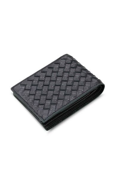 Guard Knit Patterned Black Leather Men's Wallet with Green Edge - Thumbnail