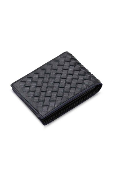 Guard Knit Patterned Black Leather Men's Wallet with Purple Edge - Thumbnail