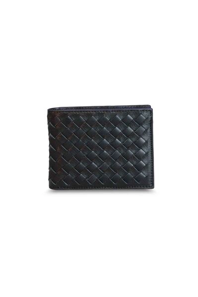 Guard Knit Patterned Black Leather Men's Wallet with Purple Edge - Thumbnail