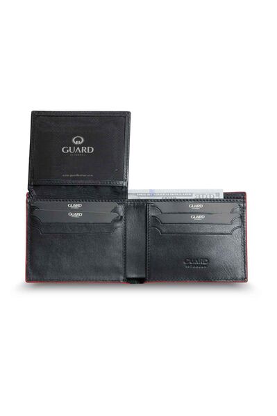Guard Knitted Patterned Black Leather Men's Wallet with Red Border - Thumbnail